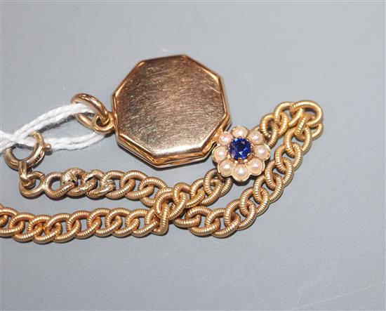 A yellow metal, seed pearl and sapphire cluster set bracelet, hung with an octagonal yellow metal locket, 16cm.